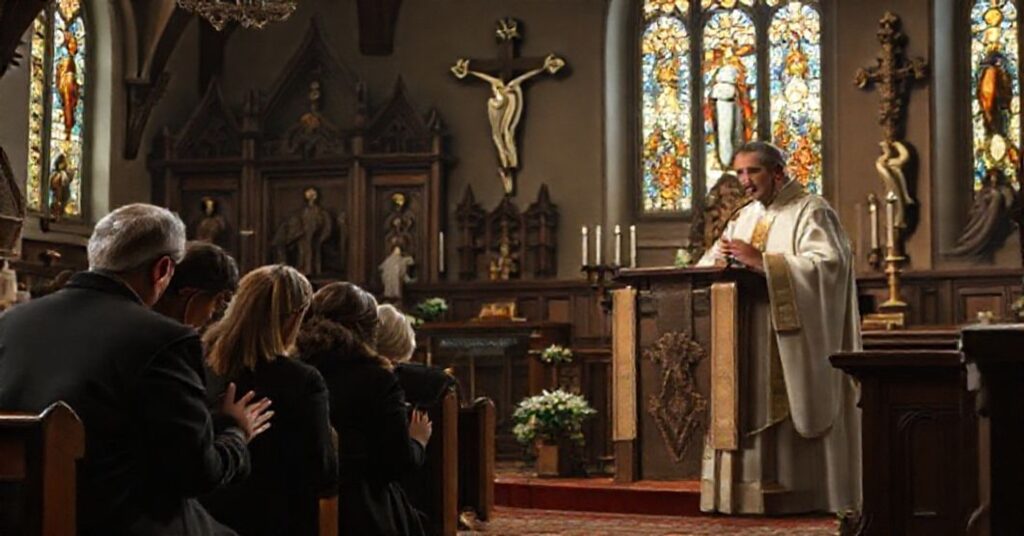 Scena katolicka przedstawiająca smutną rodzinę w kościele z biskupem Andrzejem Siemieniewskim na ambonie, bez wspomnienia o sprawiedliwości czy pokucie.