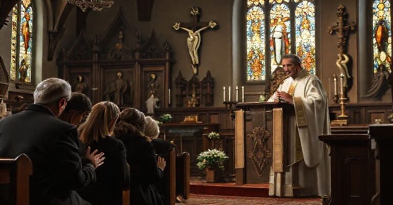 Scena katolicka przedstawiająca smutną rodzinę w kościele z biskupem Andrzejem Siemieniewskim na ambonie, bez wspomnienia o sprawiedliwości czy pokucie.