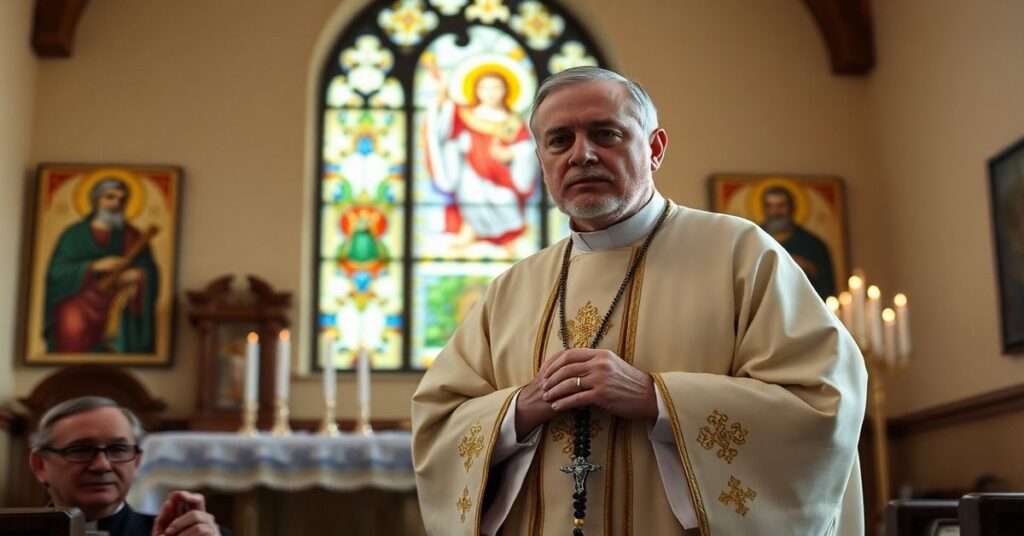 Biskup Witalij Skomarowski w tradycyjnym kościele ukraińskim, symbolizujący duchową próżnię sekty posoborowej