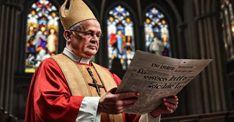 Sobór katolicki z tradycyjnymi witrażami i biskupem trzymającym Biblię w smutnym nastroju.