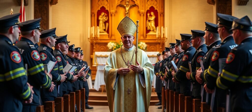 Biskup Marek Solarczyk podczas mszy w Kościele Garnizonowym św. Stanisława w Radomiu podczas obchodów Dnia Strażaka.