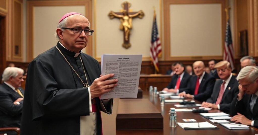 Katolicki biskup w tradycyjnych szatach liturgycznych przed Kongresem, z wyraźnym sprzeciwem wobec negocjacji Donalda Trumpa dotyczących poprawki Hyde.