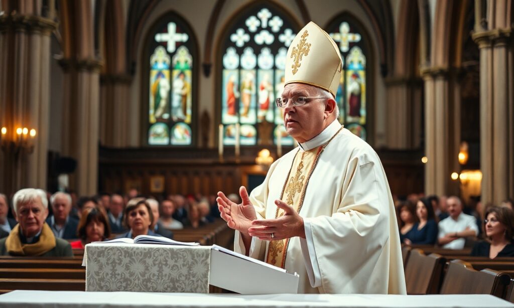 Biskup Stanisław Jamrozek wygłasza kazanie w kościele w Przemyślu podczas uroczystej Eucharystii z okazji 235. rocznicy uchwalenia Konstytucji 3 Maja