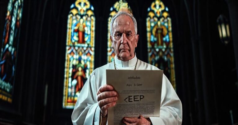 Biskup w tradycyjnych szatach liturgicznych trzyma dokument oznaczony "Nowy Statut KEP" przed gotyckim wnętrzem katedry.