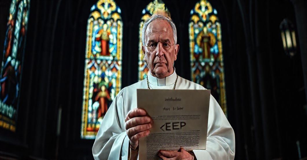 Biskup w tradycyjnych szatach liturgicznych trzyma dokument oznaczony "Nowy Statut KEP" przed gotyckim wnętrzem katedry.