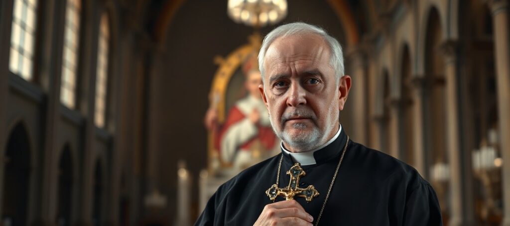 Biskup Stefan Oster z Pasawy stoi samotnie w ciemnym kościele z krzyżem w ręku