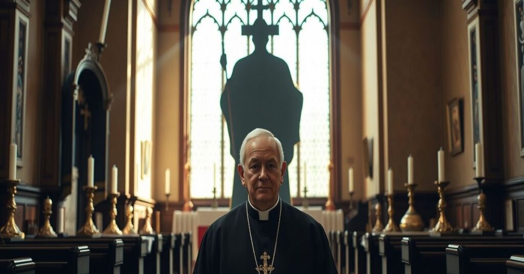 Biskup Robert Strickland stojący w tradycyjnym kościele katolickim z sakramentami i naczyniami sakralnymi, z cieniącymi się postaciami biskupów SSPX w tle