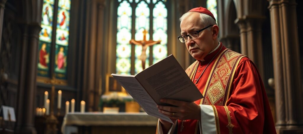 Biskup w tradycyjnym habitacie trzyma encyklikę Leona XIV "Magnifica Humanitas" w świątyni z ołtarzem z krzyżem i świecami.