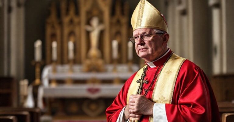 Biskup Joseph Strickland w tradycyjnych szatach kościelnych stoi z krzyżem w ręku w katedrze, wyrażając ostre krytykę wobec nowoczesnych herezji w Kościele.