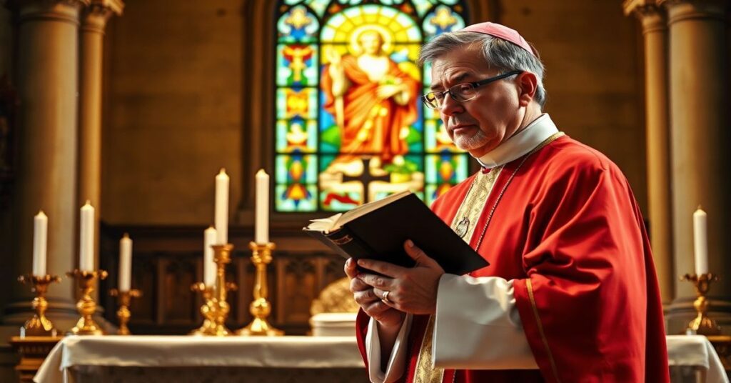 Biskup w tradycyjnych ornamentach stoi przed ołtarzem kościelnym, trzymając Biblię. W tle witraż z Chrystusem Królem