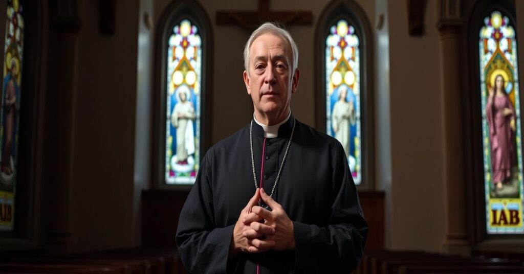 Biskup Joseph E. Strickland w tradycyjnej kaplicy katolickiej z witrażami przedstawiającymi nawrócenie Niniwy i Ofiarę Chrystusa.