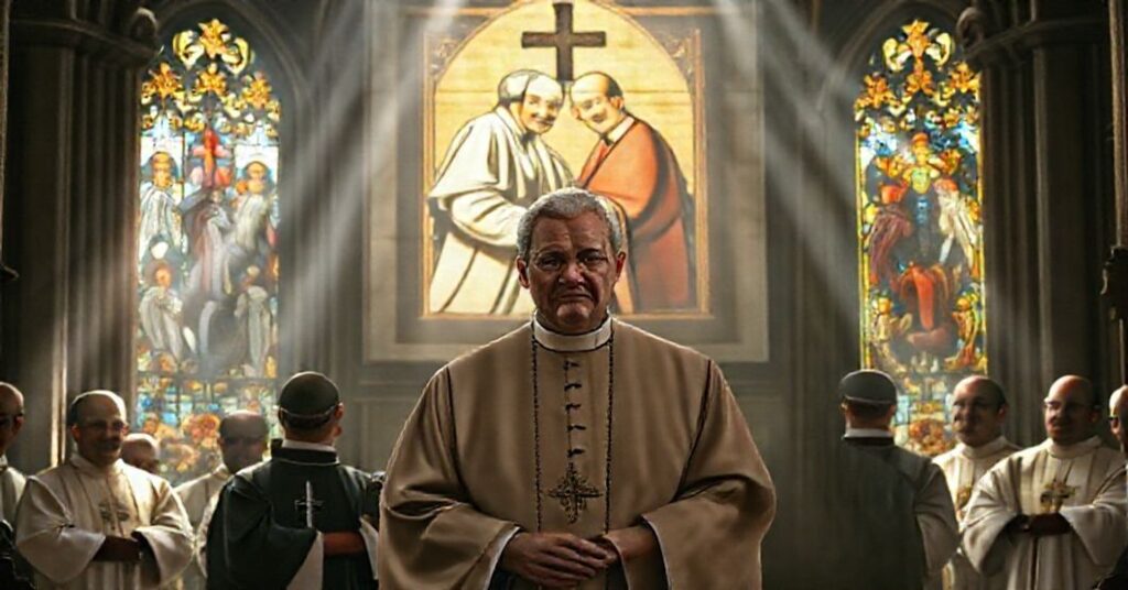 Obraz przedstawiający biskupa Josepha Stricklanda w momencie gniewnego wystąpienia przeciwko rewolucji LGBT oraz milczeniu hierarchii kościelnej.