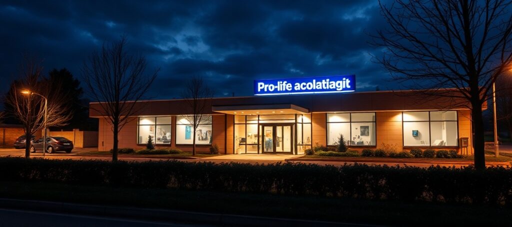 Biskup Joseph Strickland modli się z grupą pro-life aktywistów przed kliniką aborcyjną w Fort Myers, Floryda. Wokół nich widoczne są tradycyjne katolickie symbole.