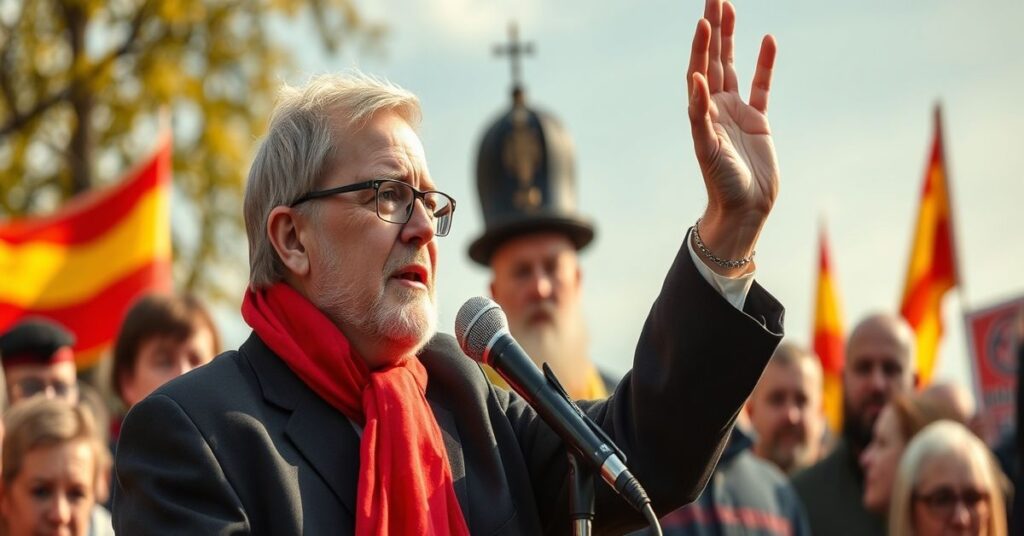 Biskup Joseph Strickland przed starym kościołem katolickim, otoczony wiernymi.