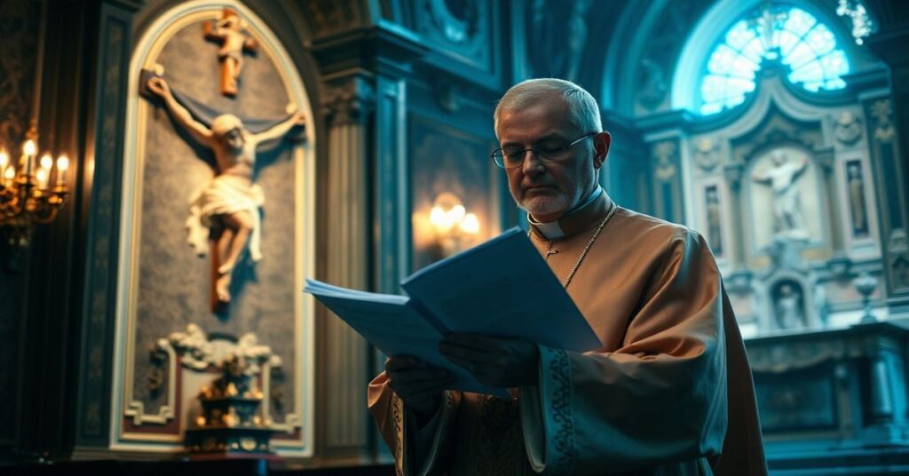 Sobieszcze biskup w tradycyjnym stroju liturgicznym w zniekształconej katedrze podczas odczytu modernistycznego wielkanocnego orędzia