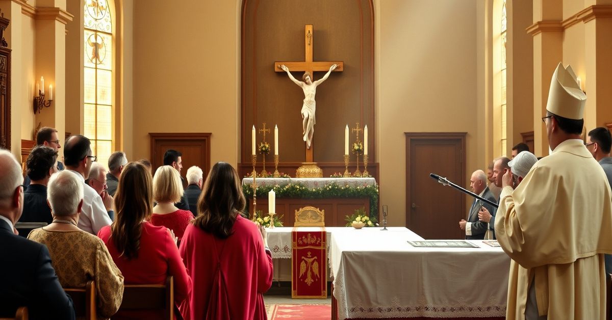 Obraz przedstawiający tradycyjną mszę św. trydencką z wiernymi uczestniczącymi w ofierze eucharystycznej, kontrastującą z nowoczesnym biskupem propagującym naturalistyczną duchowość.