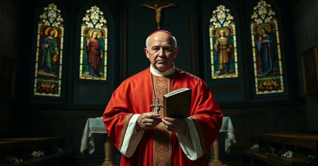 Sobierajny biskup w liturgicznych szatach przed ołtarzem z krzyżem i Summą Teologiczną, rozmyślając nad relatywizowaniem sprawiedliwości przez nowoczesne struktury.