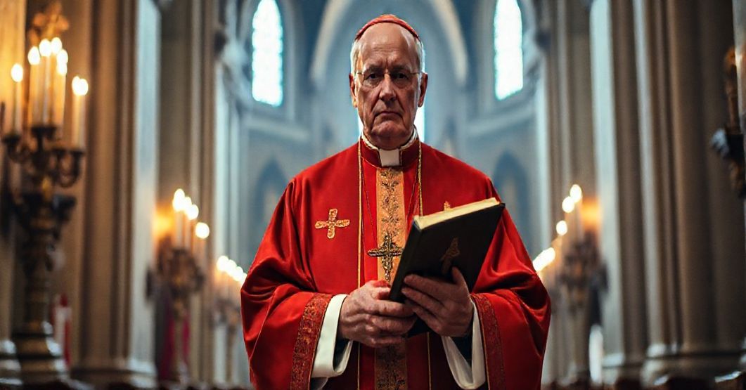 Biskup katolicki w tradycyjnych szatach liturgicznych stoi w świątyni z poważną miną, trzymając książkę symbolizującą fałszywe kanonizacje posoborowe.