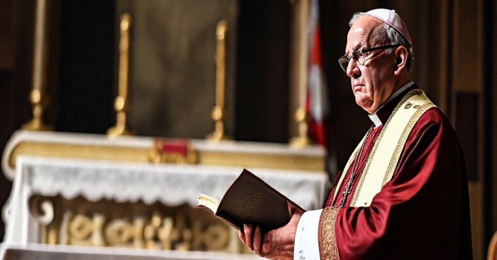 Katolicki biskup w tradycyjnych szatach kapłańskich stoi przed ozdobnym ołtarzem, trzymając zamkniętą książkę, symbolizując brak boskiego fundamentu w nowoczesnych umowach międzynarodowych.