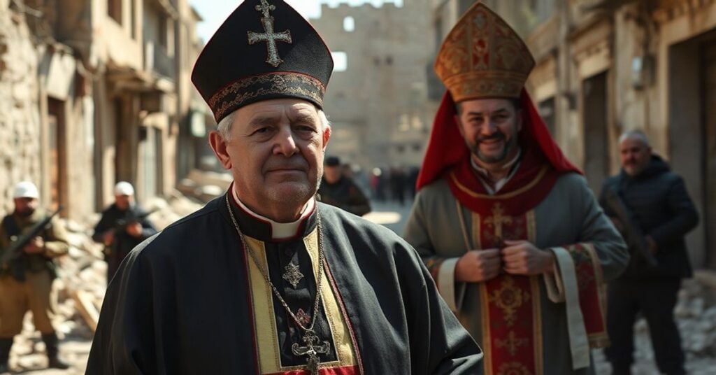 Biskup w tradycyjnym stroju liturgicznym w zniszczonym Homsie z islamskimi bojownikami na tle.