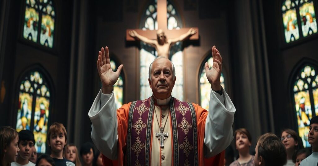 Tradycyjny biskup katolicki w ceremonialnym stroju błogosławi dzieciom w kościele, z duża krzyżem w tle.