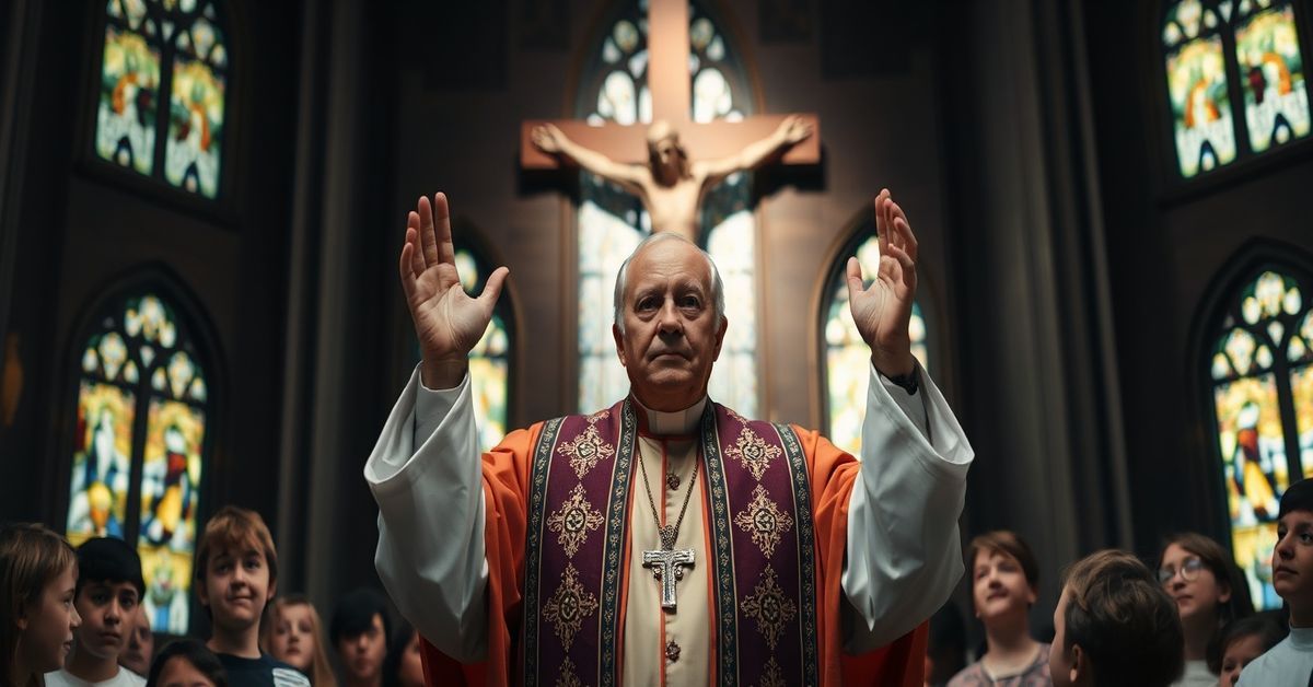 Tradycyjny biskup katolicki w ceremonialnym stroju błogosławi dzieciom w kościele, z duża krzyżem w tle.
