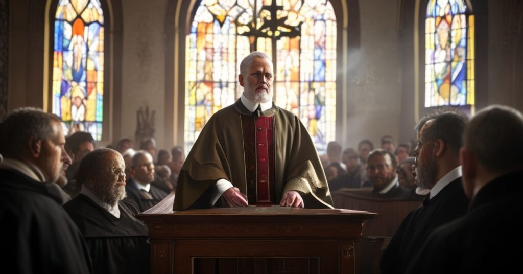 Biskup Tadeusz Wojda SAC mówi do zgromadzonych przedstawicieli Kościołów i związków wyznaniowych w wnętrzu katedry