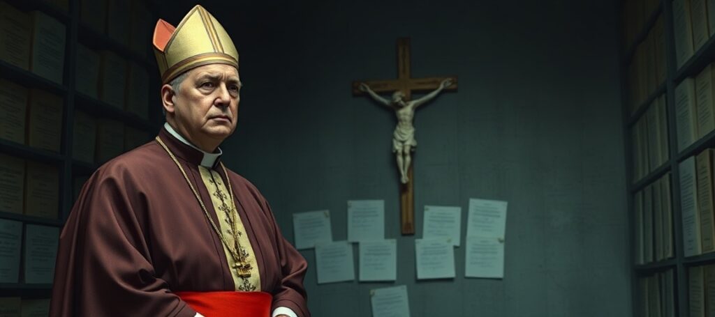 Biskup w tradycyjnych szatach stojący przed tajemniczym archiwum państwowym, symbolizując moralny wymiar tajemnicy w sprawie aneksu WSI