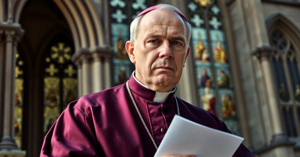 Portret biskupa w tradycyjnych szatach kościelnych trzymającego telegram przed gotycką katedrą.
