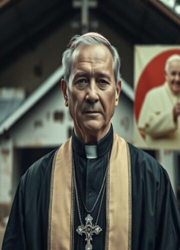 Biskup Tendej a fałszywa misja w Papui-Nowej Gwinei Biskup Jacek Tendej w tradycyjnym ornaty przed niszczącym się kościołem w Papui-Nowej Gwinei.