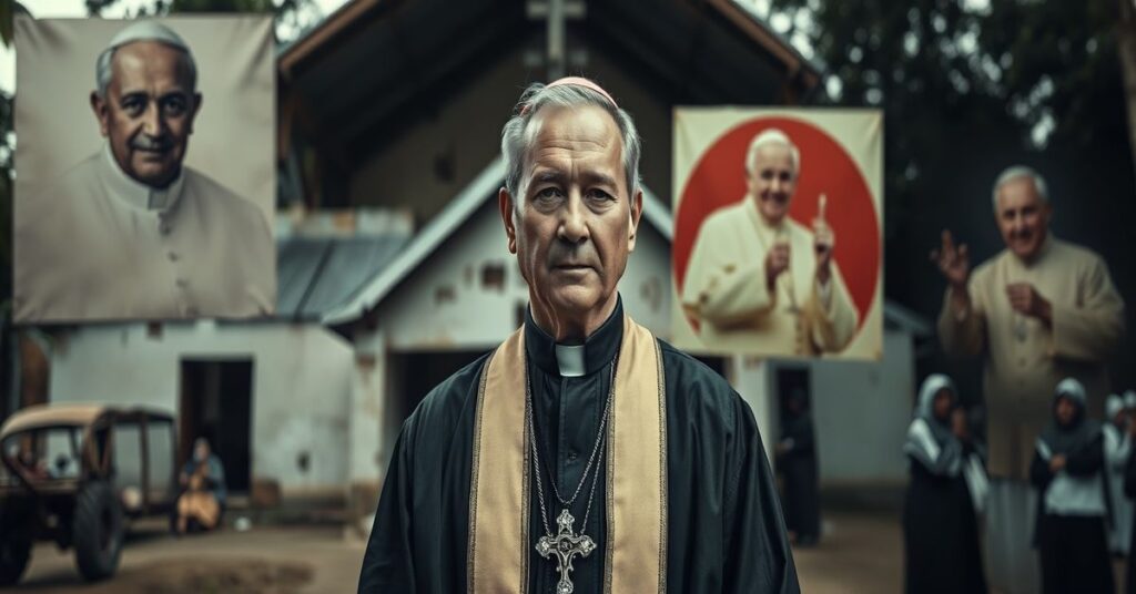 Biskup Jacek Tendej w tradycyjnym ornaty przed niszczącym się kościołem w Papui-Nowej Gwinei.