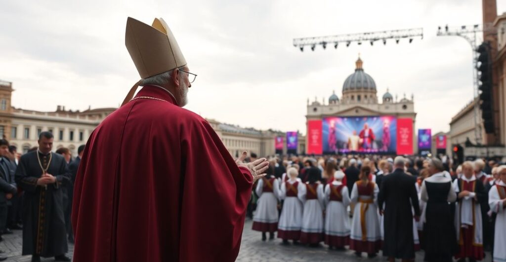 Biskup w tradycyjnych szata liturgicznych stojący w Platcu Świętego Piotra, patrząc z żalem na wydarzenie modernistyczne z fałszywym "papieżem" na tle
