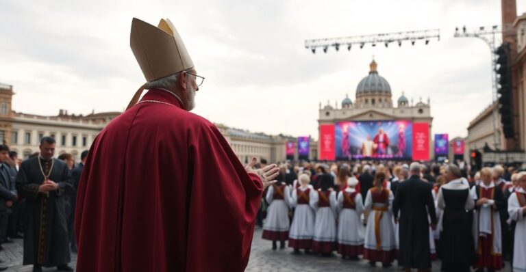 Biskup w tradycyjnych szata liturgicznych stojący w Platcu Świętego Piotra, patrząc z żalem na wydarzenie modernistyczne z fałszywym "papieżem" na tle
