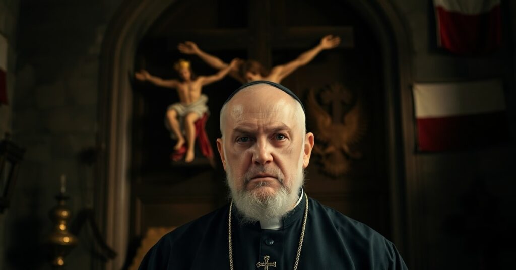 Portret tradycyjnego biskupa katolickiego w ciemnym wnętrzu kościoła przed krzyżem, symbolizujący konflikt między tradycją a współczesną apostazją