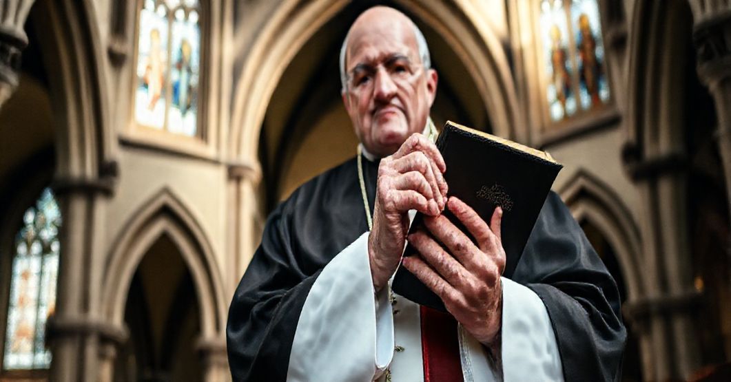 Tradycyjny biskup w pełnej ornacji biskupiej stoi przed starym kościołem, trzymając zamkniętą Biblię z poważną miną. Architektura kościoła odzwierciedla tradycję katolicką z gotyckimi łukami i witrażami przedstawiającymi świętych.