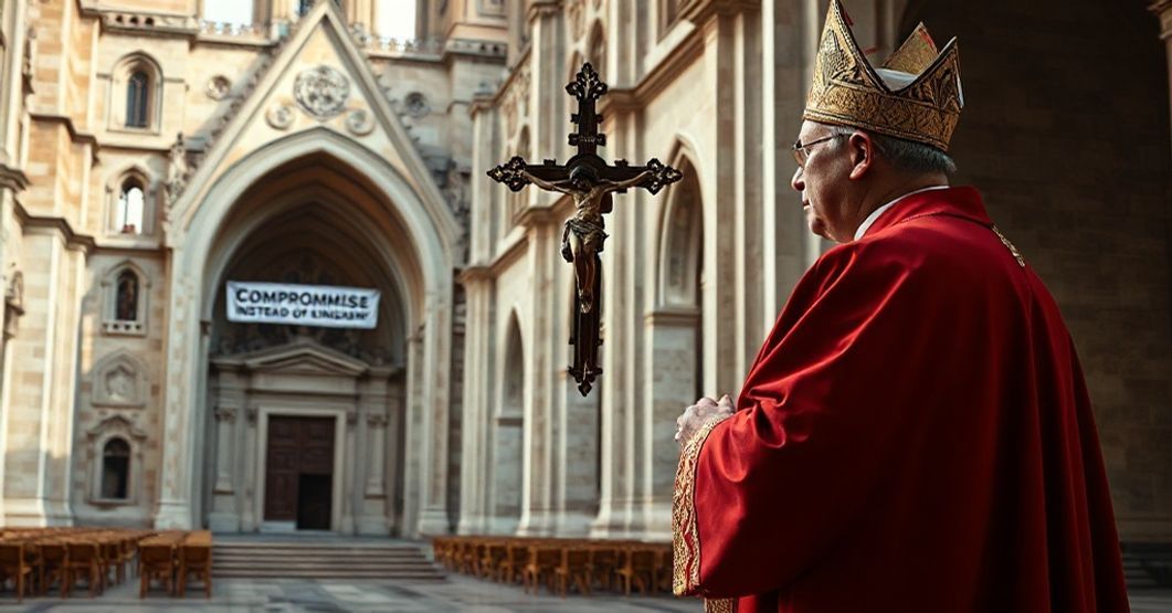 Sobór katolicki przedstawiający tradycyjnego biskupa w pełnym stroju liturgicznym przed starym kościołem, trzymającego krzyż z podpisem 'Kompromis zamiast królestwa'.