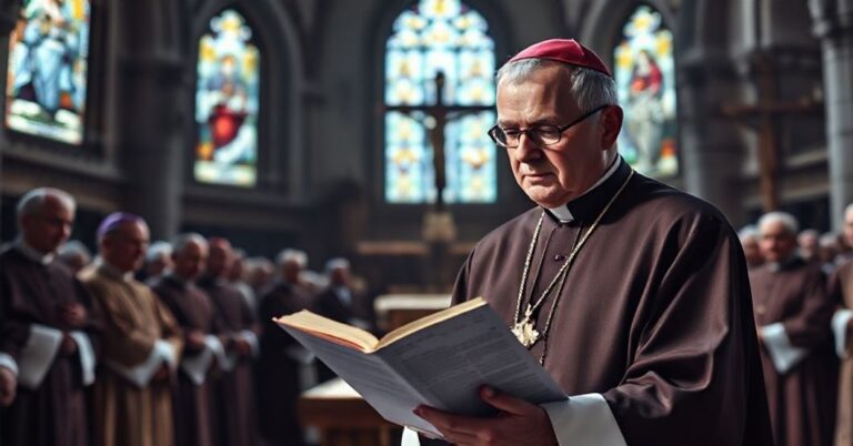 Biskup w tradycyjnych szatach liturgicznych stoi w katedrze, trzymając brewiarz i patrząc z troską na dokument symbolizujący nowoczesne odstępstwa od doktryny katolickiej.