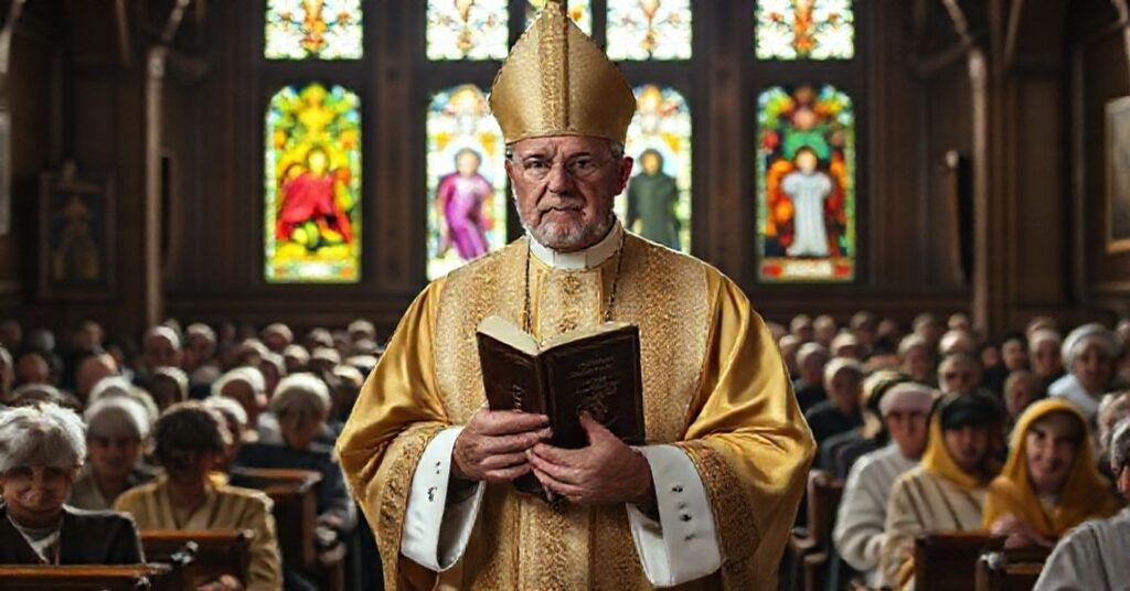 Stary biskup w tradycyjnych ornatach stoi przed amboną w historycznej polskiej kościele, trzymając zamknięty Katechizm św. Piusa X, patrzące na podzieloną kongregację: starą tradycyjną i nową modernistyczną duchowieństwo.