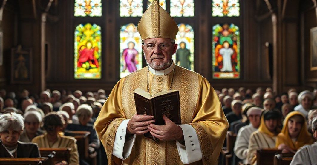 Stary biskup w tradycyjnych ornatach stoi przed amboną w historycznej polskiej kościele, trzymając zamknięty Katechizm św. Piusa X, patrzące na podzieloną kongregację: starą tradycyjną i nową modernistyczną duchowieństwo.