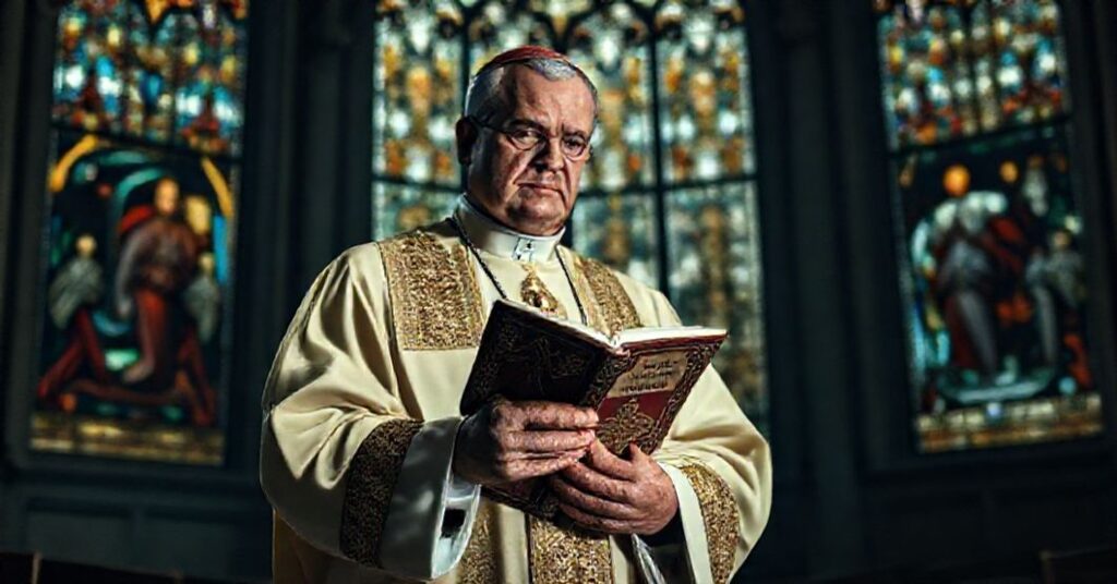 Katolicki biskup w tradycyjnych szatach liturgicznych trzymający książkę "Nova Carta Oecumenica", wyraz twarzy pełen powagi w kontrastowym wnętrzu katedry.