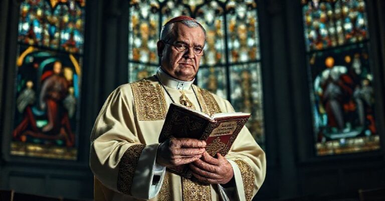 Katolicki biskup w tradycyjnych szatach liturgicznych trzymający książkę "Nova Carta Oecumenica", wyraz twarzy pełen powagi w kontrastowym wnętrzu katedry.