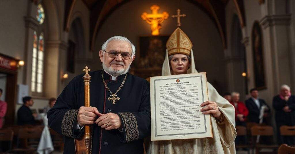 Tradycyjny biskup w ornacie przed ołtarzem w katedrze z symbolami pokuty