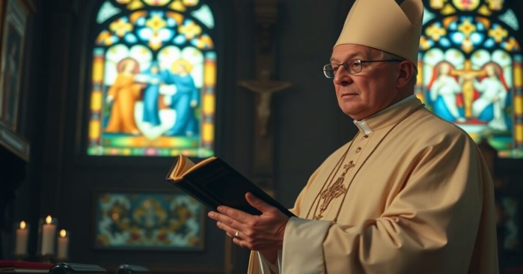 Tradycyjny katolicki biskup w stroju liturgicznym stoi w kaplicy z witrażami, trzymając mszał i patrząc z troską na rozmytą postać Leona XIV (Roberta Prevosta), symbolizującą teologiczny upadek. W tle antyczne relikwie i krzyż stwarzają atmosferę tradycji katolickiej.