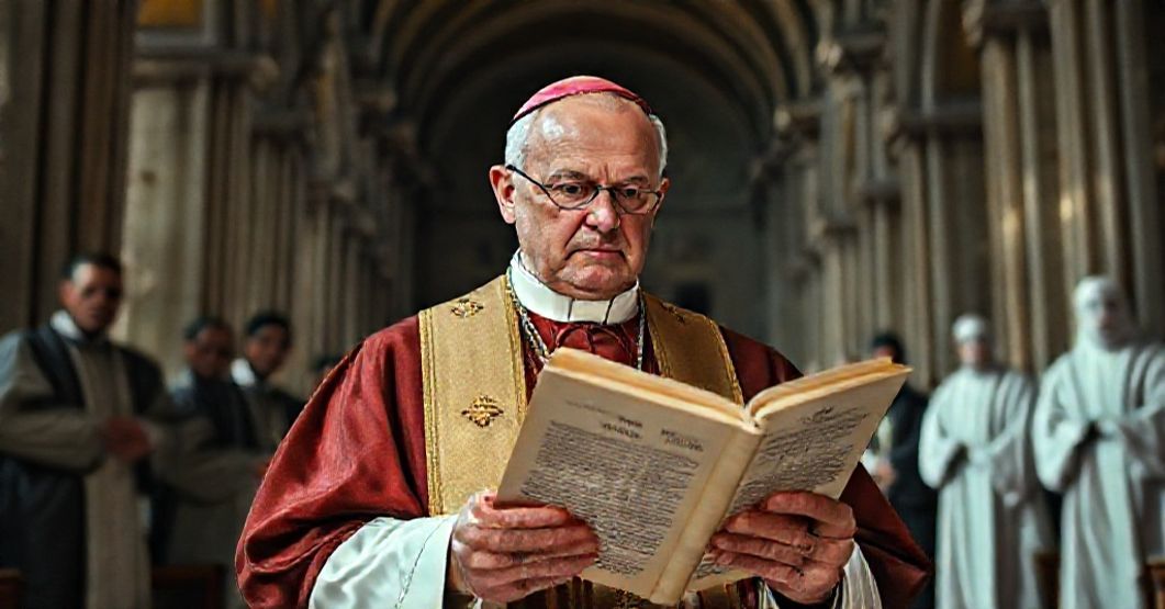 Katedra w tradycyjnym stylu z biskupem w szatach liturgicznych trzymającym dokument "Rewolucja Synodalna", na tle modernistycznych teologów