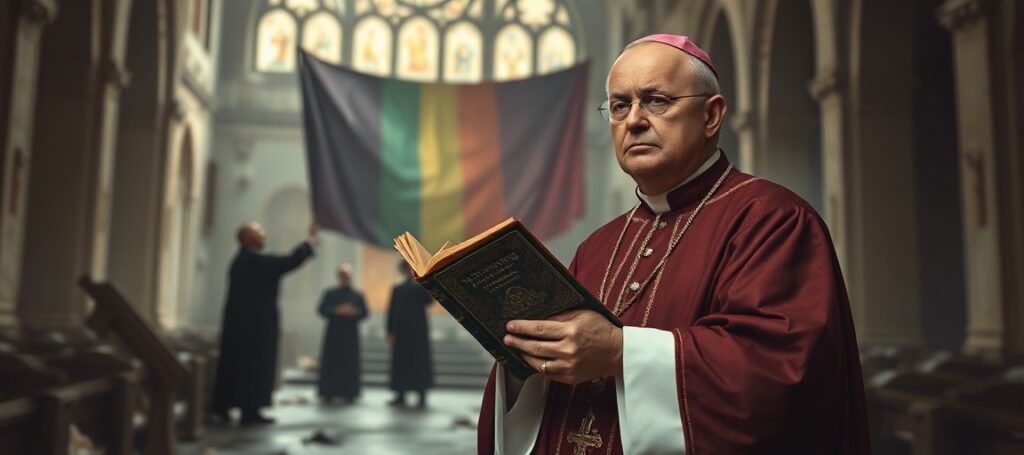 Biskup w tradycyjnych szatach liturgicznych przed ruiną nowoczesnej świątyni, trzymający targany trydencki mszał