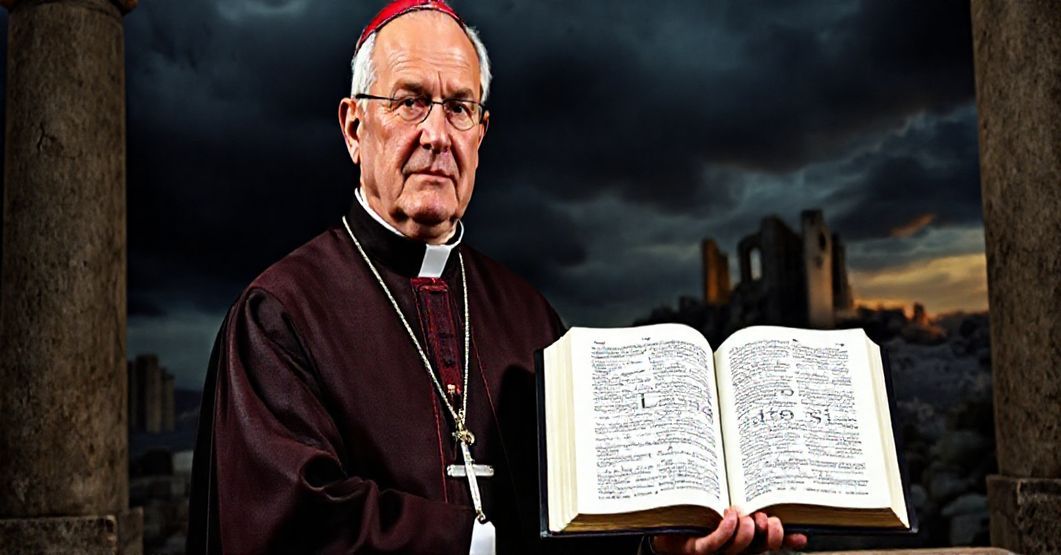 Biskup w tradycyjnym ornaty trzymający Biblię przed starym ołtarzem z burzowym niebem w tle