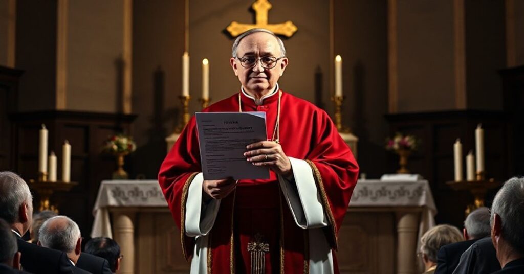 Biskup w tradycyjnych szatach liturgicznych trzyma dokument oznaczony jako 'Heretyckie nowinki', podczas gdy w tle widoczne są modernistyczne zniekształcenia contrastujące z ołtarzem z krzyżem i świecami.