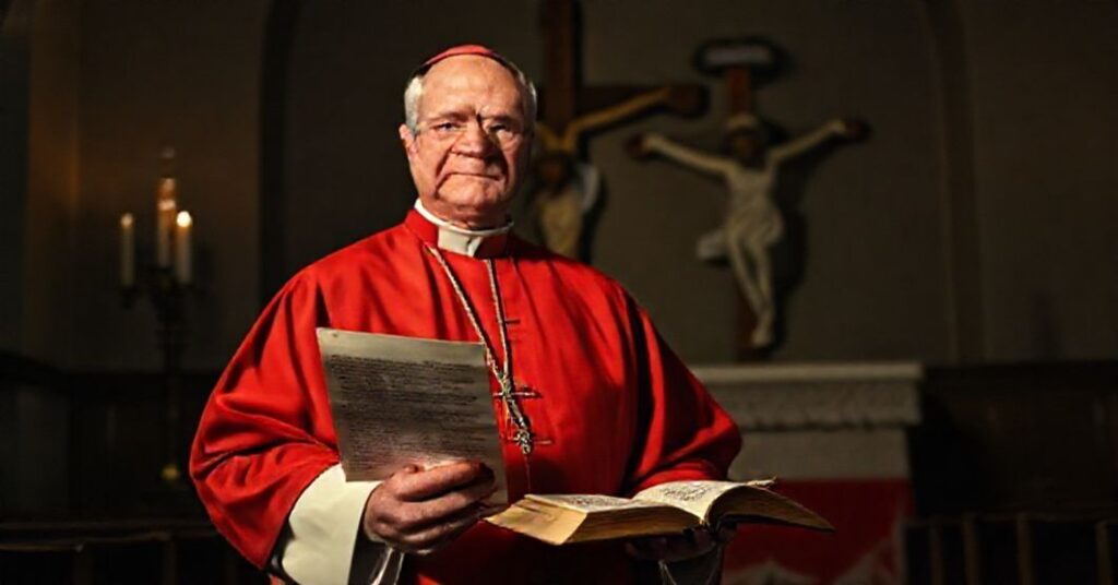 Biskup w tradycyjnych czerwonych szatach liturgicznych stoi w ciemnym kościele przed zamkniętym tabernakulum, trzymając nowoczesny list pasterski i otwartą Biblię.