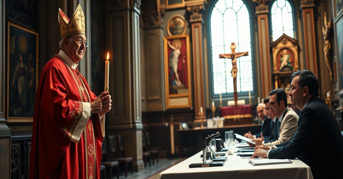 Katylicki biskup w tradycyjnych szatach liturgicznych stoi przed ozdobnym ołtarzem, trzymając książkę z napisem „Hierarchia”. W tle grupa teologów modernistycznych protestuje. Scena w kościele z witrażami przedstawiającymi świętych.
