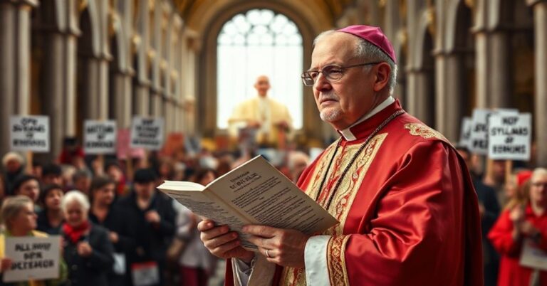 Katolicki biskup w tradycyjnych szatach liturgicznych trzyma Syllabus błędów w katedrze.